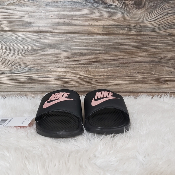 New Nike Benassi JDI Black Rose Gold Slide Sandals - Picture 2 of 7